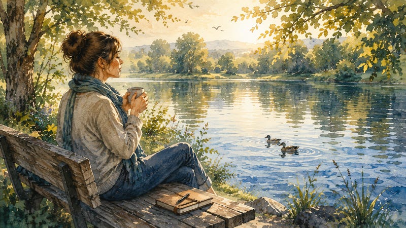 A woman sitting alone by a peaceful lake on a bench, holding a cup and taking a deep breath, with a journal beside her. Sunlight filters through trees, showing rest, calm, and recovery from exhaustion. A woman sitting alone by a peaceful lake on a bench, holding a cup and taking a deep breath, with a journal beside her. Sunlight filters through trees, showing rest, calm, and recovery from exhaustion.