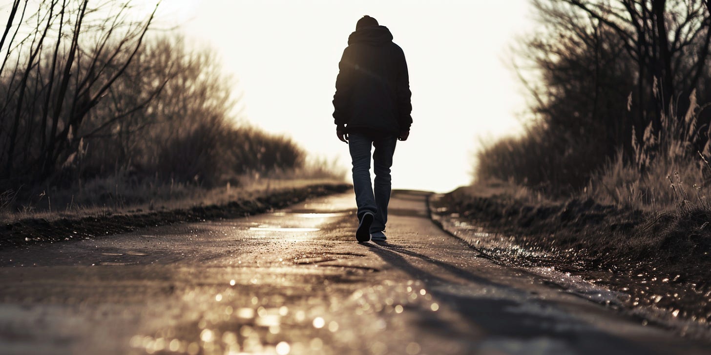 An AI-generated image of a lone person walking on a road. An AI-generated image of a lone person walking on a road.