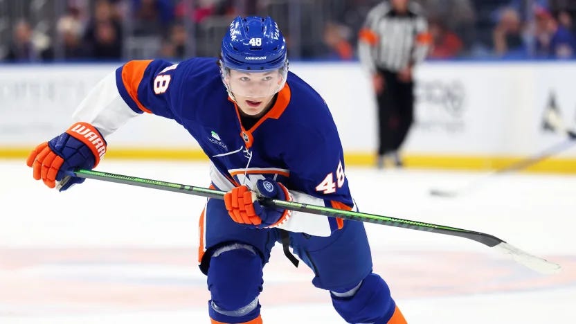 Islanders rookie Matthew Schaefer skates up the ice