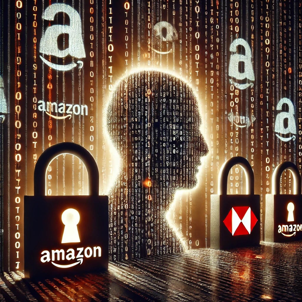 A symbolic representation of leaked personal data, featuring glowing binary code forming human profiles, with shattered locks and corporate logos like Amazon and HSBC in the background. The tone is dark and foreboding.