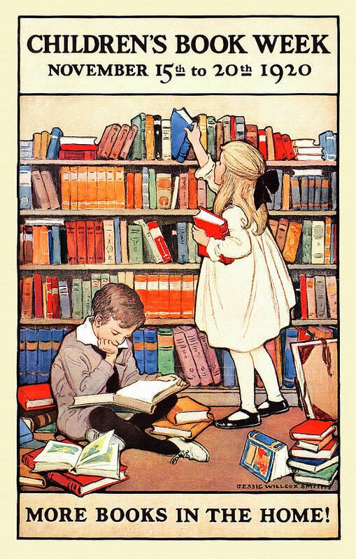 Poster Art Print featuring the painting Children's book week, November 15th to 20th 1920. More books in the home! by Smith, Jessie Willcox