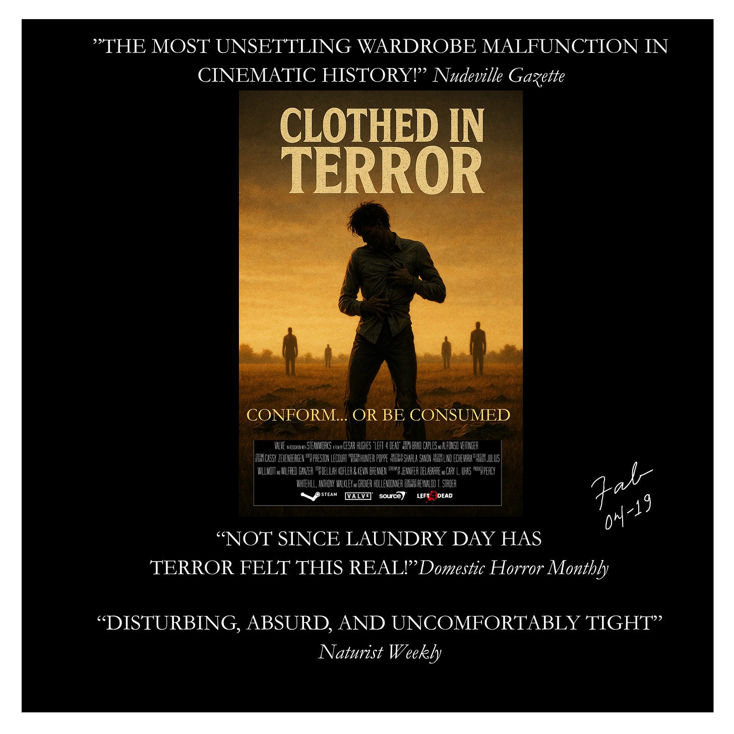 Panel 5: A movie poster fills the frame: CLOTHED IN TERROR. Tagline: “CONFORM… OR BE CONSUMED.” Review quotes include: “THE MOST UNSETTLING WARDROBE MALFUNCTION IN CINEMATIC HISTORY!” – Nudeville Gazette; “NOT SINCE LAUNDRY DAY HAS TERROR FELT THIS REAL!” – Domestic Horror Monthly; “DISTURBING, AND UNCOMFORTABLY TIGHT” – Naturist Weekly.
