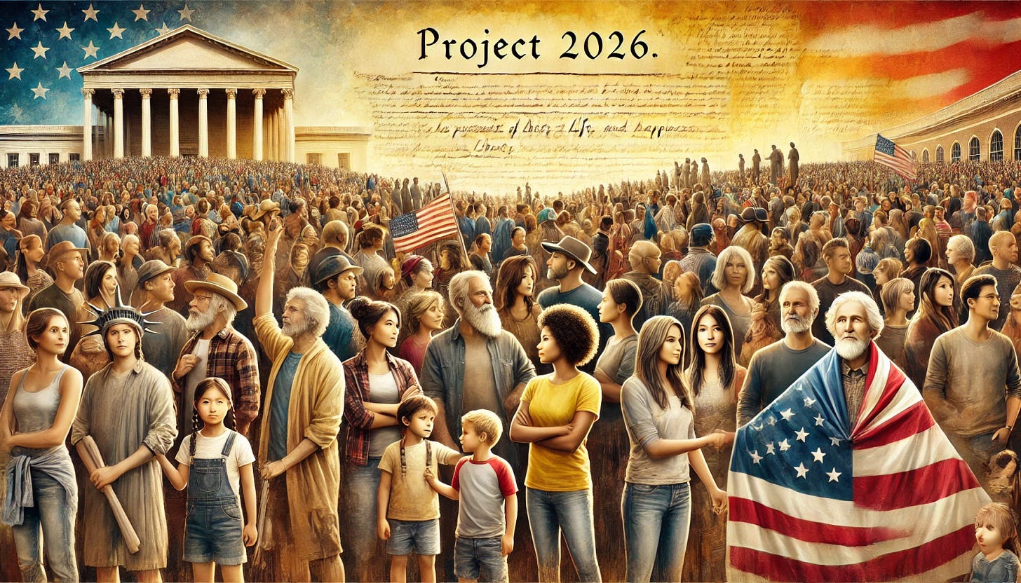 An inspiring, multi-generational, and diverse image representing 'Project 2026,' embodying the ideals of the US Declaration of Independence. The image includes people of various ages, ethnicities, and backgrounds standing together in unity, symbolizing equality and the pursuit of life, liberty, and happiness. The background subtly integrates classical American architectural elements, like columns or parchment textures reminiscent of the Declaration, blended with modern design elements. The color palette is warm and inviting, evoking a sense of community, democratic spirit, and active citizen participation. The composition bridges historical heritage with a forward-looking vision.