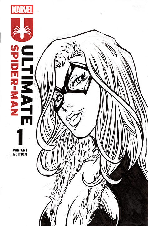 Examples of black and white and color commissions/sketches on comic book sketch covers. 