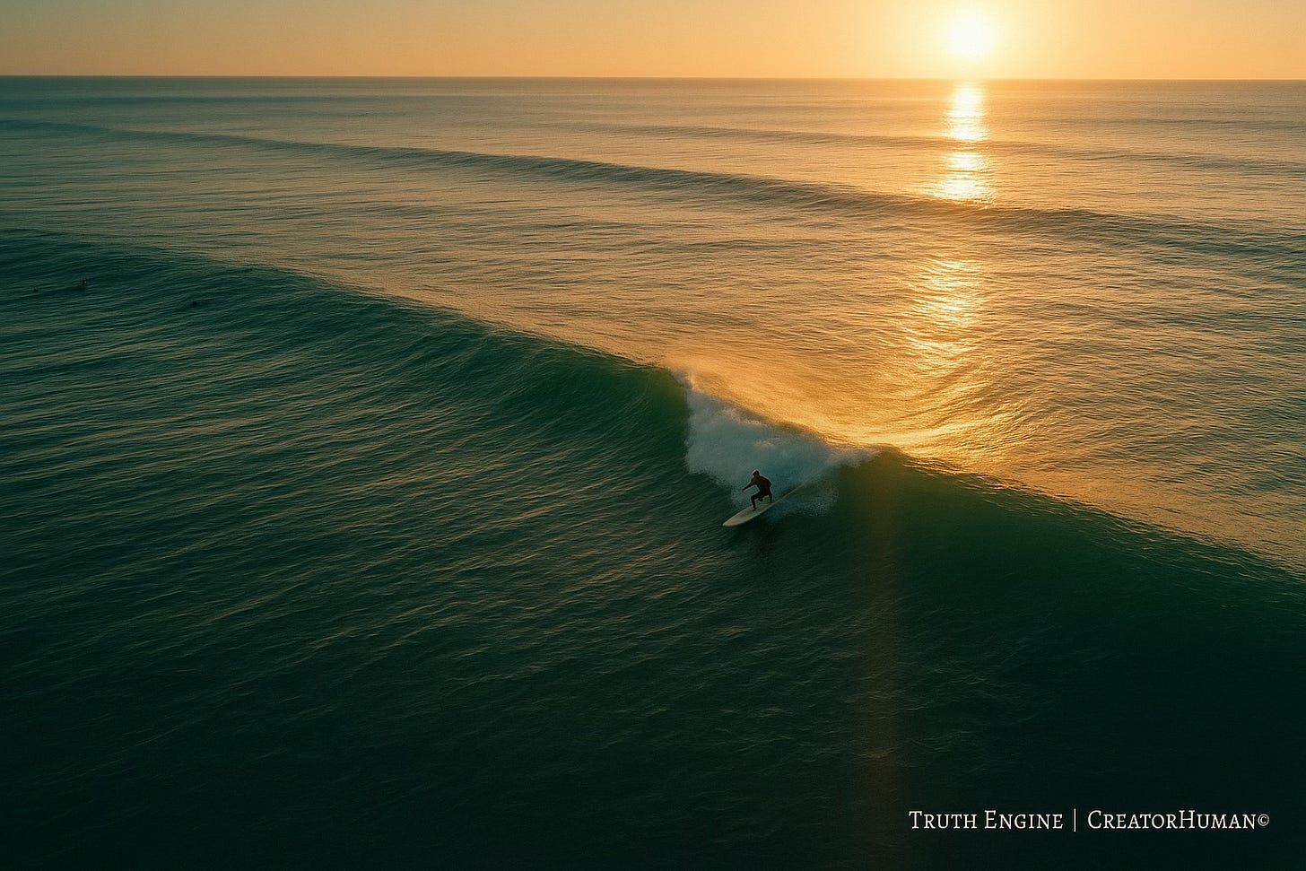Aerial view of an uncrowded lineup, one board slicing the wave crest under sunrise — trail of light marking momentum.