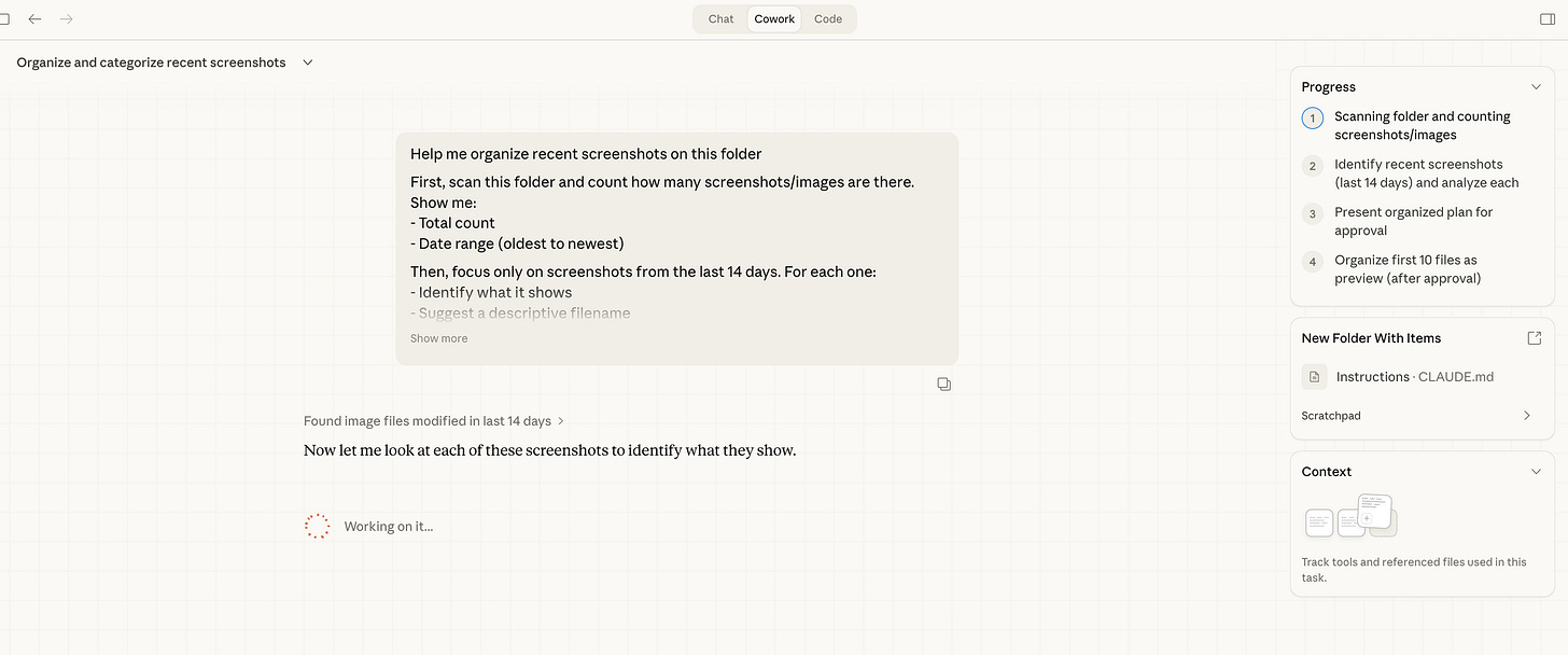 A real Cowork task in progress: organizing and categorizing screenshots from a folder