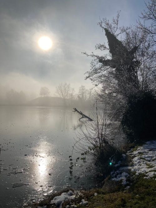 Cold landscape with a frozen lake and snow