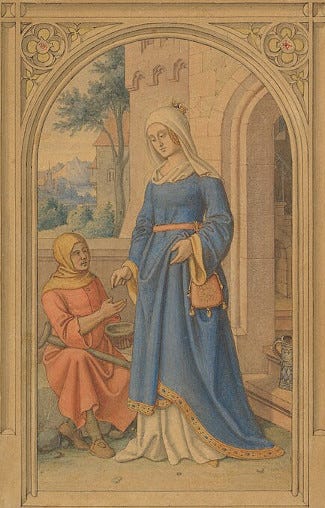 Color drawing of woman giving alms to a beggar Color drawing of woman giving alms to a beggar