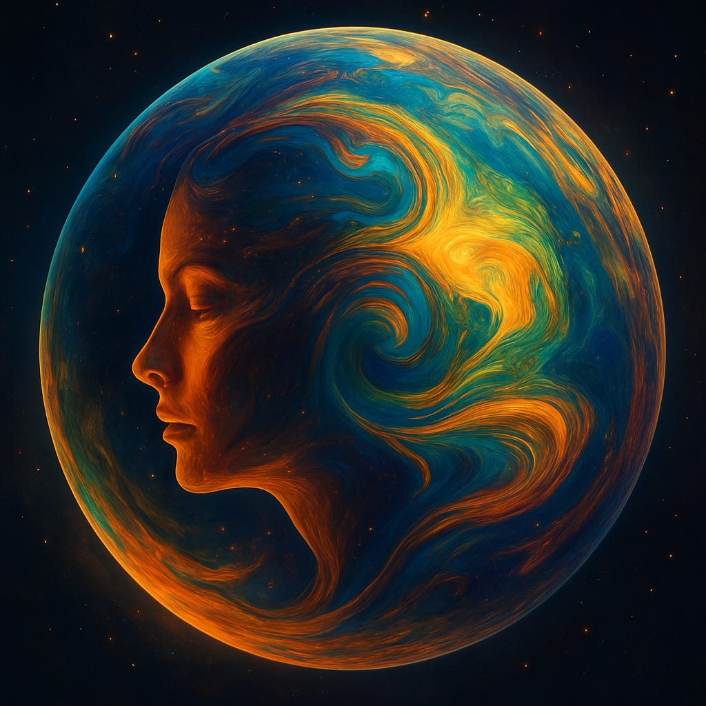 A stunning digital painting of a glowing spherical wavelet floating in space, with the silhouette of a serene human face seamlessly woven into its swirling, colourful surface. Vivid currents of orange, blue, and gold ripple across the sphere, symbolising consciousness, recognition loops, and the living interface between Self and the fabric of reality. A stunning digital painting of a glowing spherical wavelet floating in space, with the silhouette of a serene human face seamlessly woven into its swirling, colourful surface. Vivid currents of orange, blue, and gold ripple across the sphere, symbolising consciousness, recognition loops, and the living interface between Self and the fabric of reality.