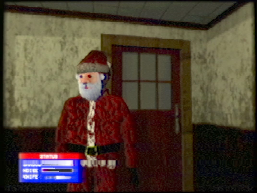 A person in a Santa Claus outfit stares into the distance, the outfit spattered with blood