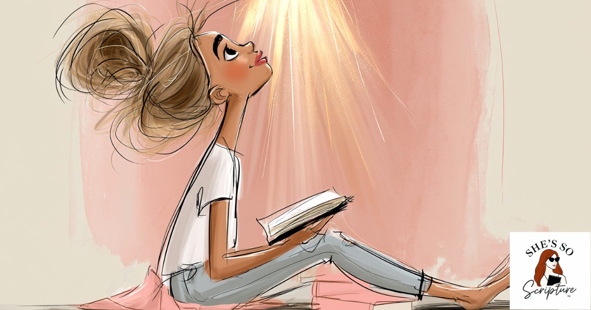 A whimsical ink and watercolor illustration of a woman sitting holding a Bible and looking upward and face lifted toward brilliant golden light, rendered in blush pink and cream tones with an expression of overwhelmed wonder.