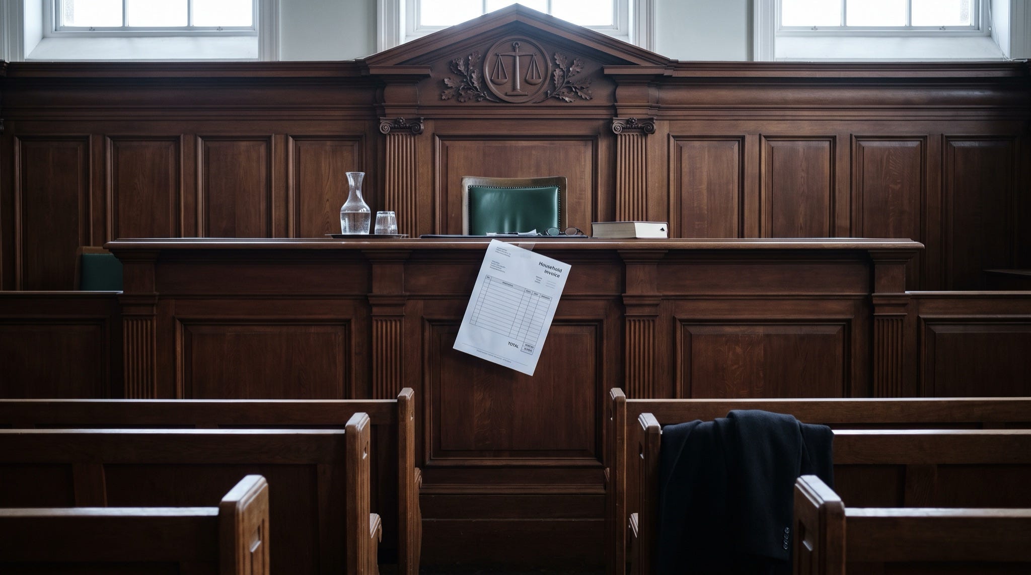 An empty wood-panelled courtroom seen from the well, the judicial bench immaculate and unoccupied, with an ordinary household invoice taped to the front of it An empty wood-panelled courtroom seen from the well, the judicial bench immaculate and unoccupied, with an ordinary household invoice taped to the front of it