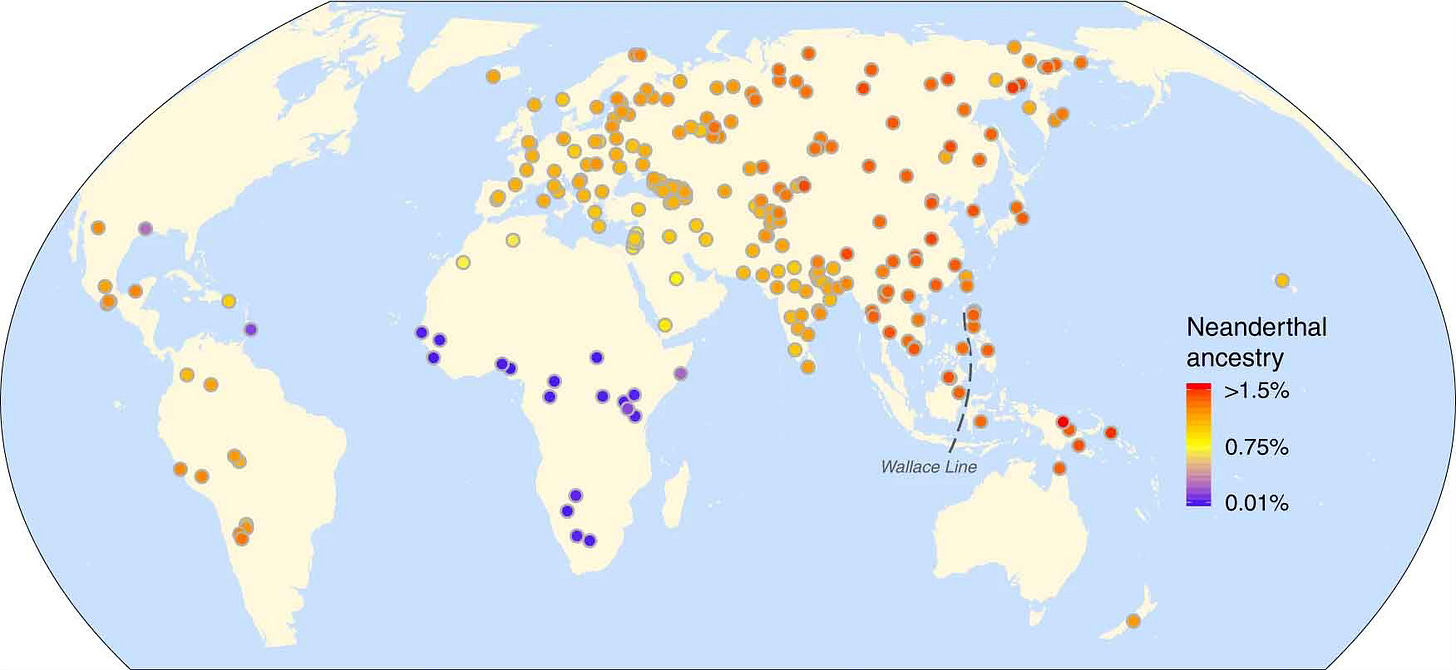 Global map showing locations of population samples with amounts of Neanderthal ancestry