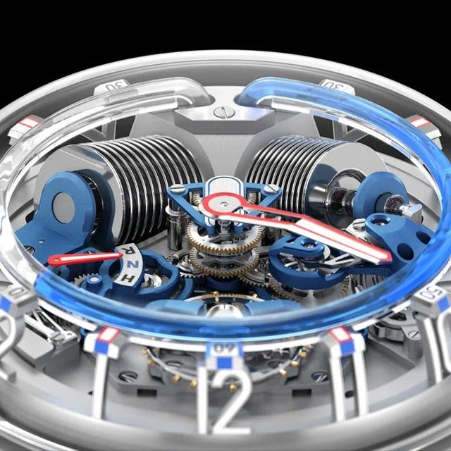 The hand-wound movement has an eight-day power reserve. The hand-wound movement has an eight-day power reserve.