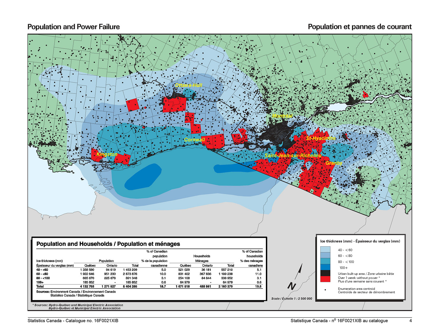 A map of the storm over southern Québec and eastern Ontario. A vast region received over 100mm of freezing rain, and many areas were out of power for longer than a week.