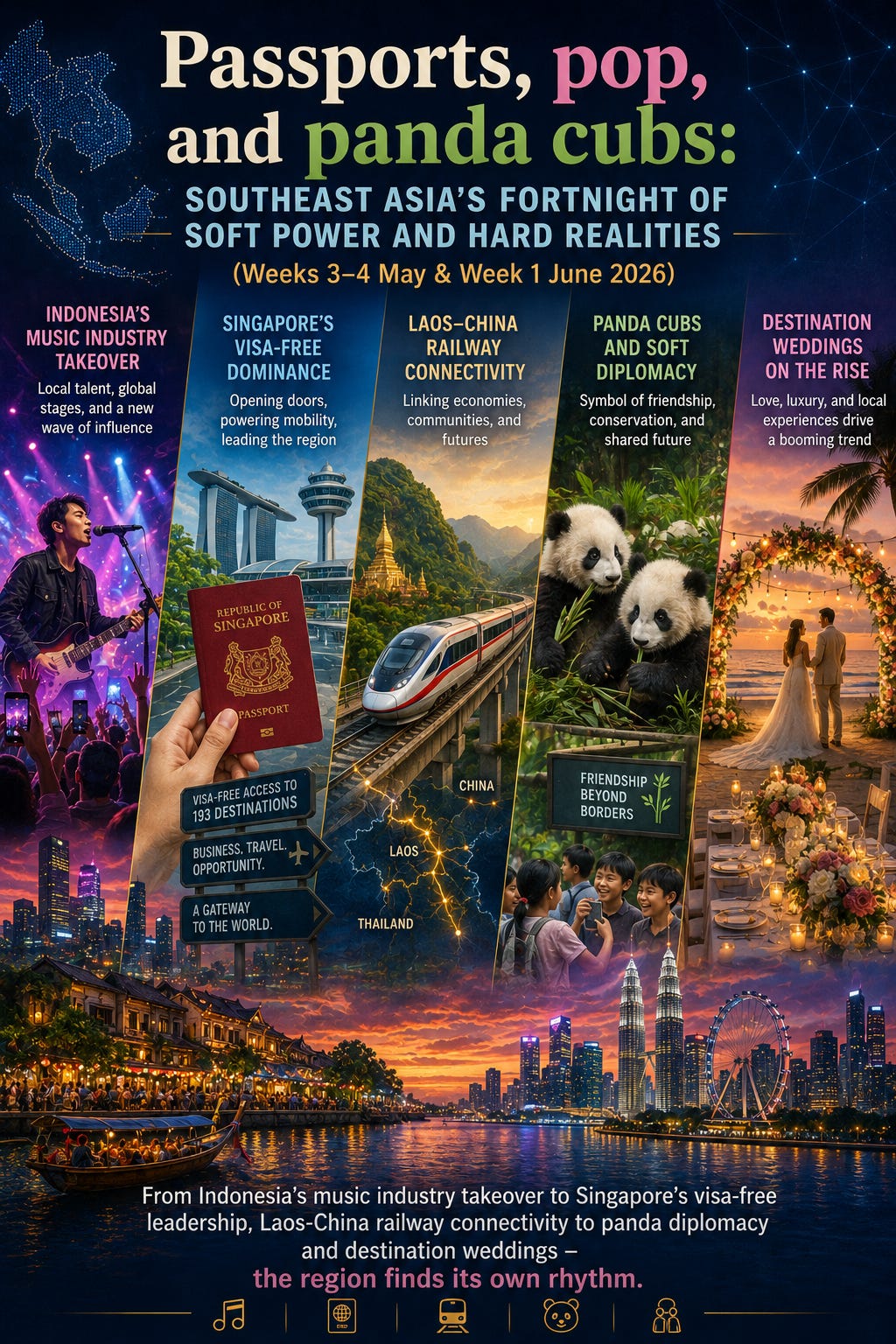 A collage representing Southeast Asia's changing landscape, featuring Indonesian musicians, passports, the Laos-China Railway, travelers, and regional connectivity. A collage representing Southeast Asia's changing landscape, featuring Indonesian musicians, passports, the Laos-China Railway, travelers, and regional connectivity.