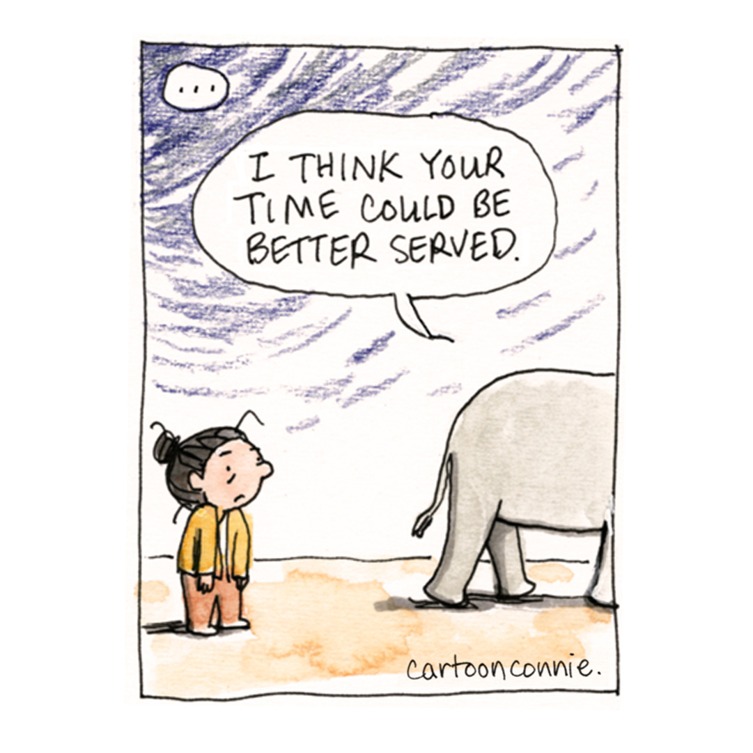 Panel 4 of a 4-panel comic strip about spending too much time worrying. Titled "Worrywart Life," ink, watercolor and color pencil on paper. Original artwork by Connie Sun, cartoonconnie, 2025.