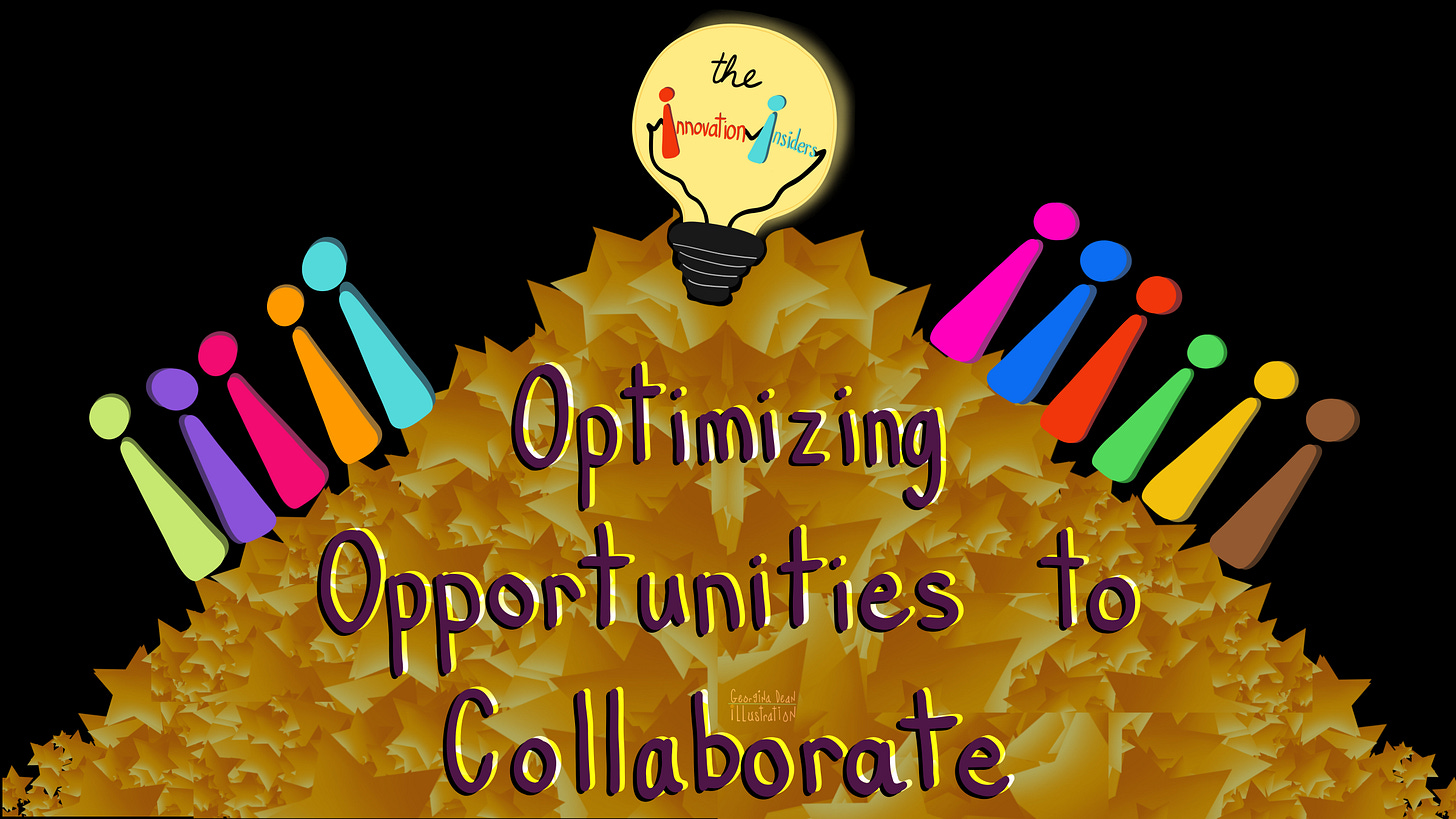 Digital illustration by i2 co-founder, Georgina Dean © Redefine Training & Education. On a black background, text reads "Optimizing Opportunities to Collaborate". The i2 logo lightbulb sits atop a golden mountain of stars, with colorful community figures on either side.