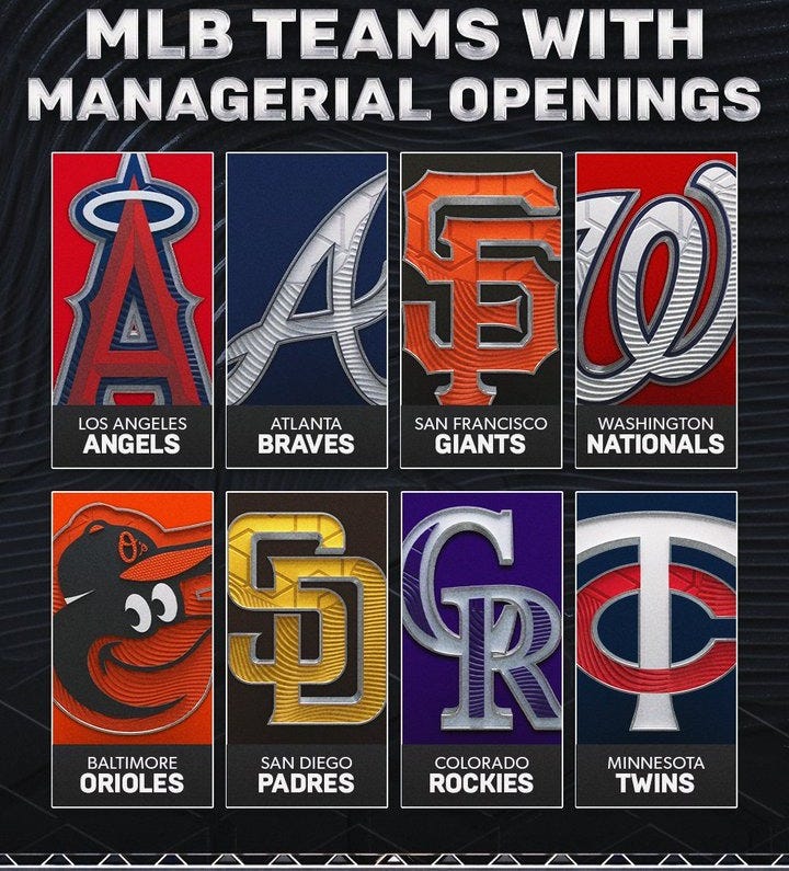 Grid layout displays eight MLB team logos in colored panels against a dark background with white text overlay reading MLB Teams with Managerial Openings at the top and FOX Sports MLB branding in the corners. Left column shows red Los Angeles Angels logo with Angels text below, orange Baltimore Orioles logo with Orioles text. Middle column features blue Atlanta Braves logo with Braves text, black San Francisco Giants logo with Giants text, purple Colorado Rockies logo with Rockies text. Right column includes navy San Diego Padres logo with Padres text, red Washington Nationals logo with Nationals text, navy Minnesota Twins logo with Twins text.
