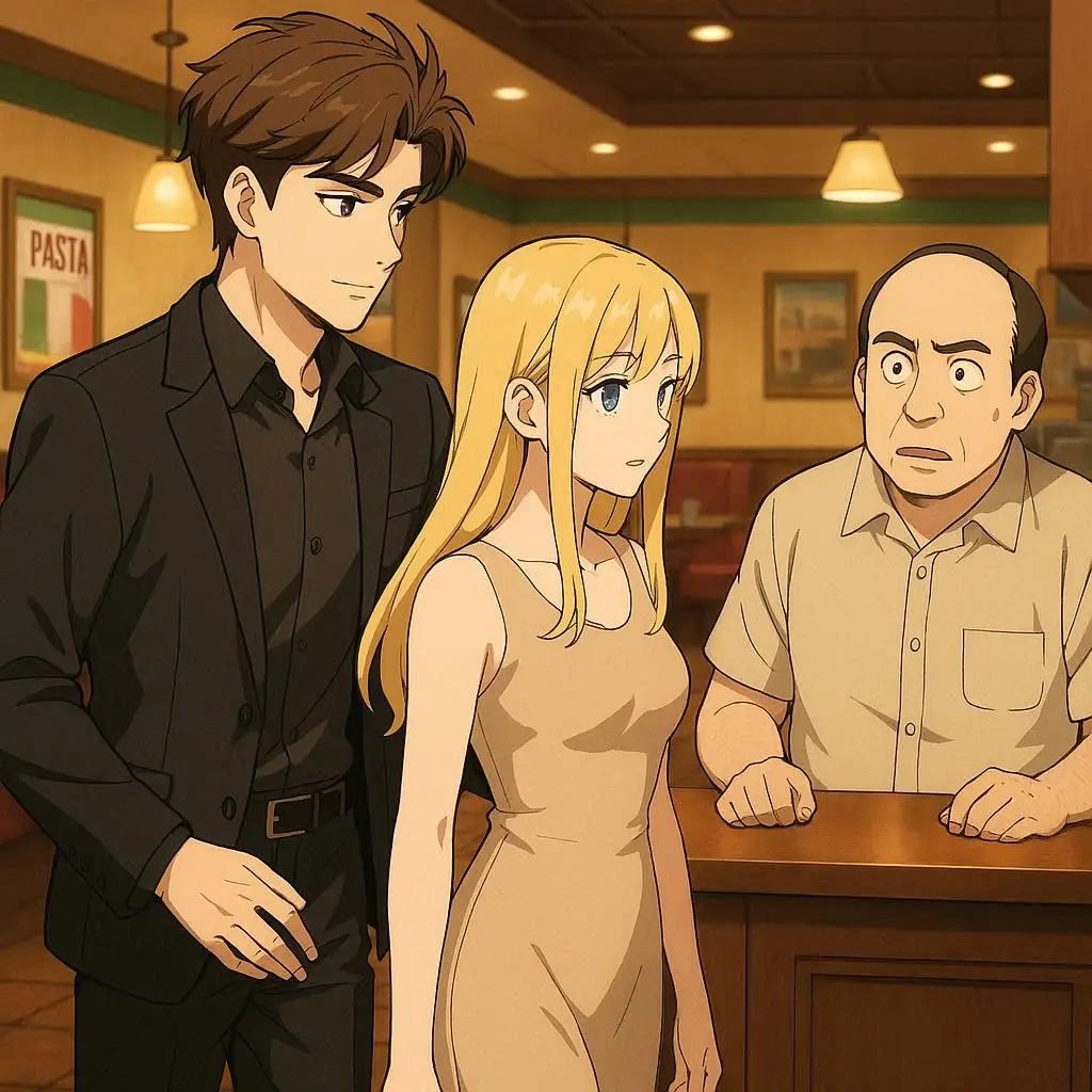 a young man with brown well styled hair who wears a fully black suit, no tie, black shirt and is escorting a blonde woman over to the front counter where a balding middle aged average build man stares in hidden shock at the young man. Anime art style. modern. anime. inside an Italian diner. a young man with brown well styled hair who wears a fully black suit, no tie, black shirt and is escorting a blonde woman over to the front counter where a balding middle aged average build man stares in hidden shock at the young man. Anime art style. modern. anime. inside an Italian diner.