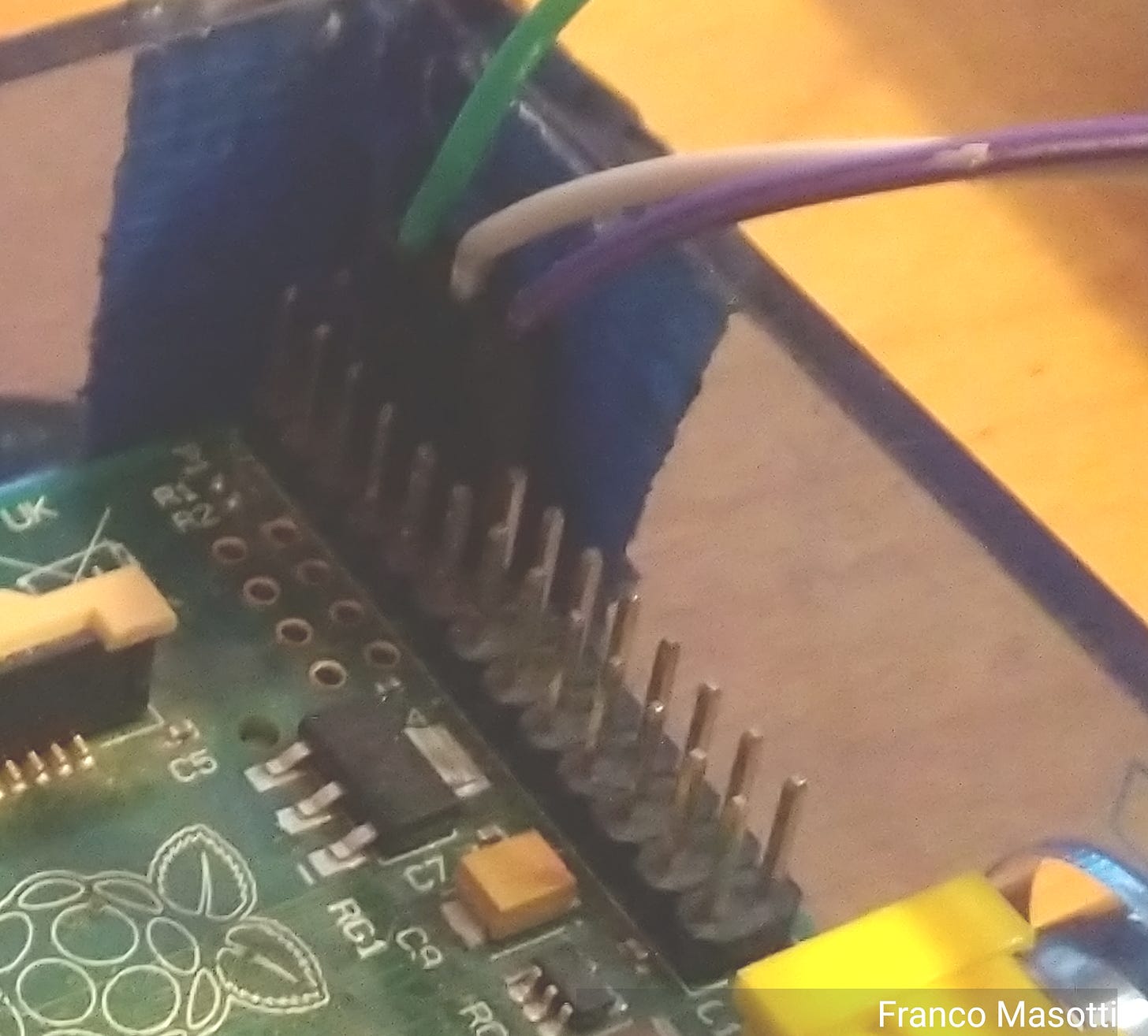 Detailed view of the jumper wires connected to the Raspberry PI