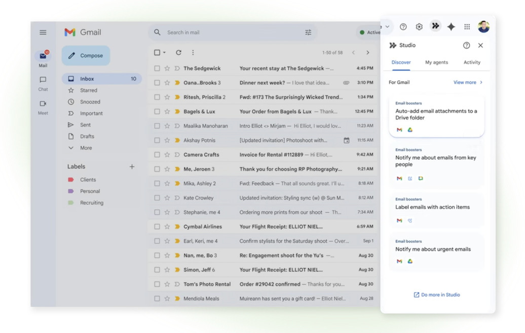 Workspace Studio 於 Gmail 後台示意 Workspace Studio 於 Gmail 後台示意