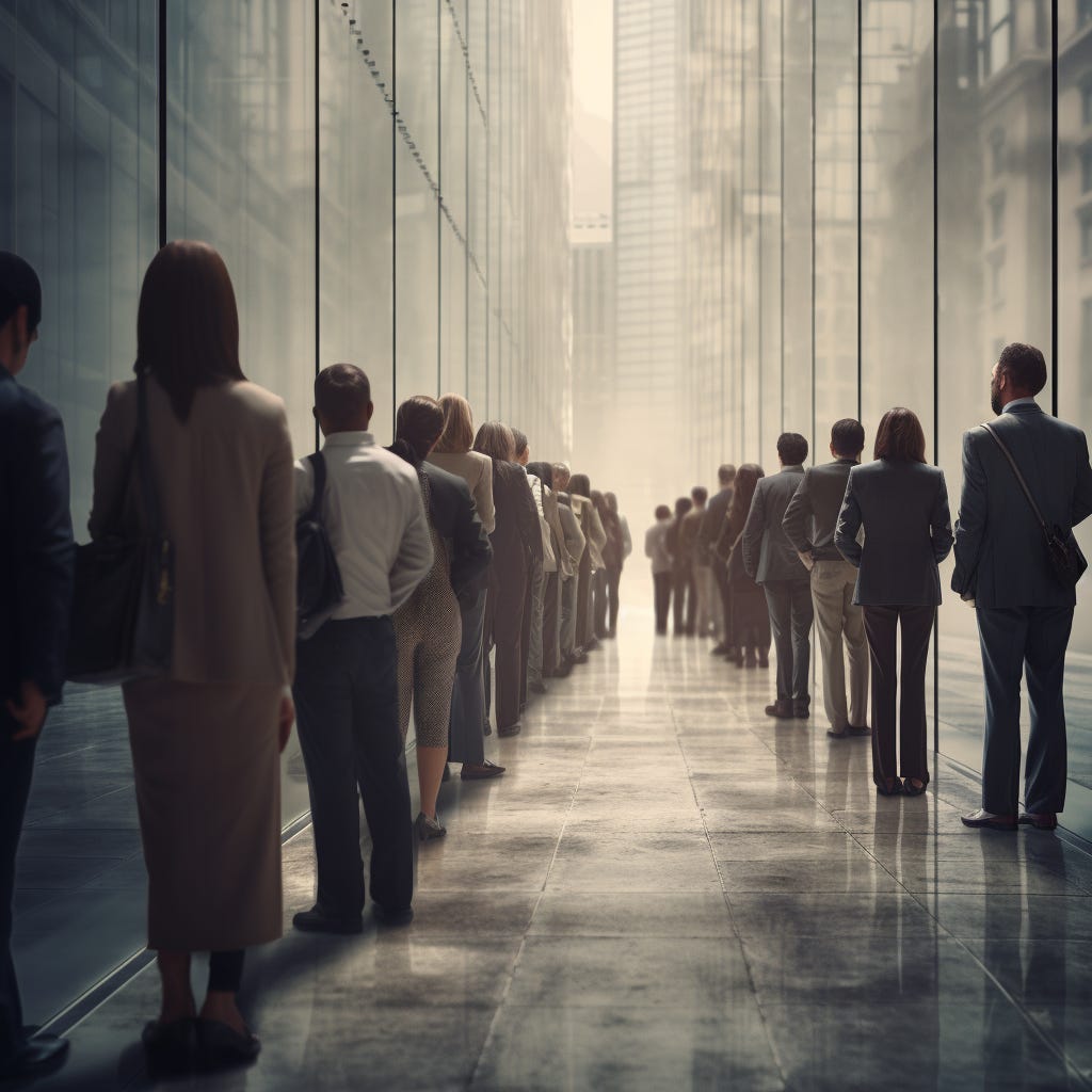 A moody photorealistic illustration of professionals in two extended lines waiting for something bright in the future. A moody photorealistic illustration of professionals in two extended lines waiting for something bright in the future.