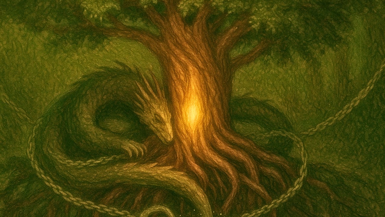A painting of a powerful serpent coiled around a glowing tree, symbolizing Kundalini energy trapped in the shadow by the chains of childhood trauma.
