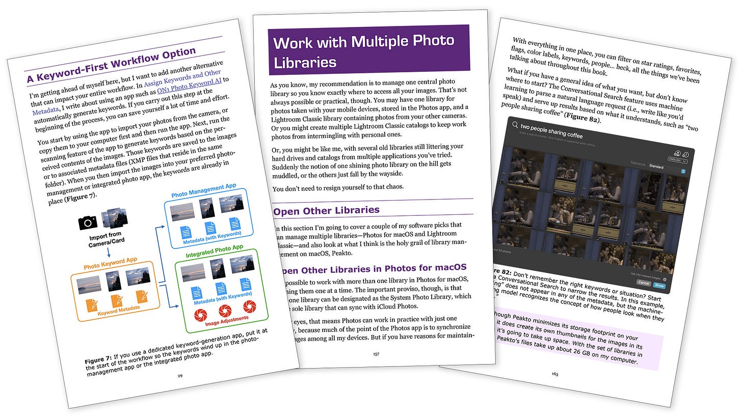 Three pages from the book Take Control of Your Digital Photos showing the text and figures that a reader will find inside.