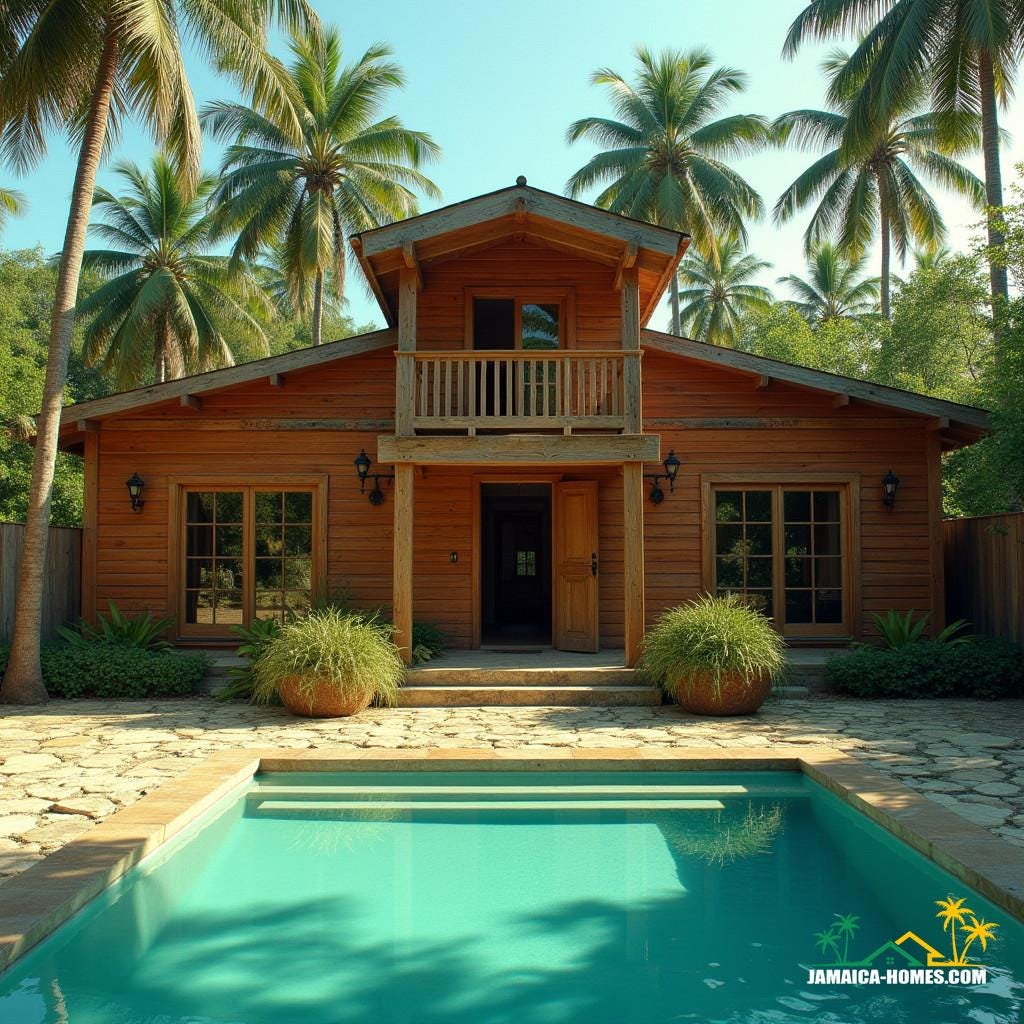A rustic Jamaican farmhouse, its wooden facade weathered to a warm golden brown, with modern touches seamlessly integrated, including a sleek swimming pool that shimmers like a turquoise gemstone in the sunlight.
