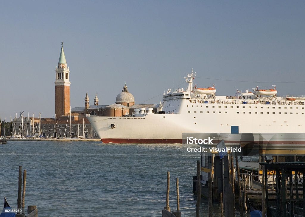 Cruise Ship in Venice "cruise ship in Venice lagoon, with San Giorgio Maggiore in background" Cruise Ship Stock Photo