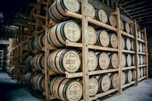 Charred oak bourbon barrels at Louisville's Kentucky Peerless Distilling Co.