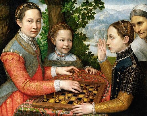 Painting of several girls playing chess Painting of several girls playing chess