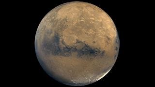 This global view of Mars is composed of about 100 Viking Orbiter images. This global view of Mars is composed of about 100 Viking Orbiter images.
