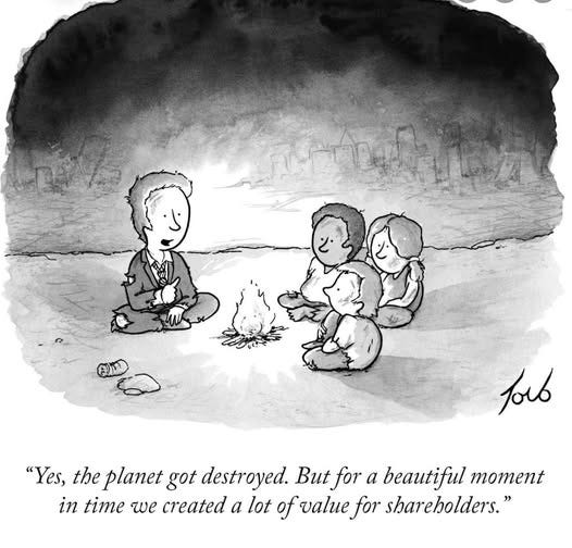 May be an illustration of ‎text that says '‎כנח ្ម น "Yes, the planet got destroyed. But for a beautiful moment in time we created a lot of value for shareholders."‎'‎