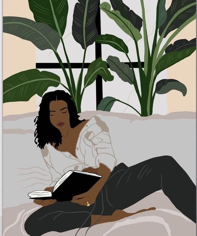 This may contain: a woman sitting on a bed reading a book next to a window with potted plants