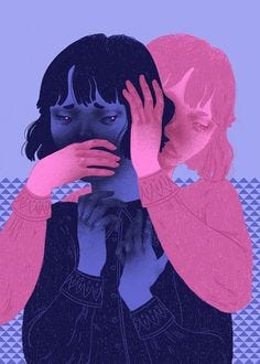 This may contain: two women are covering their faces with hands