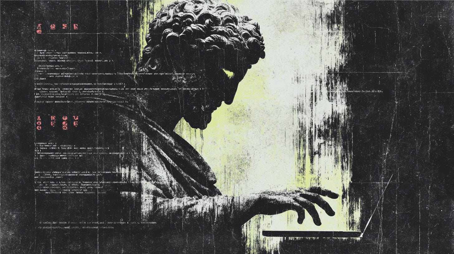 A marble bust of Marcus Aurelius with glowing eyes, positioned beside a modern laptop showing chaotic tangled code on the screen, 