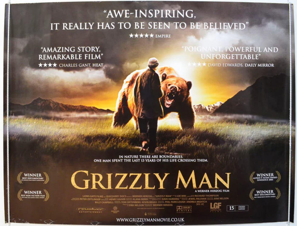 'Grizzly Man' movie poster, Treadwell confronts snarling bear