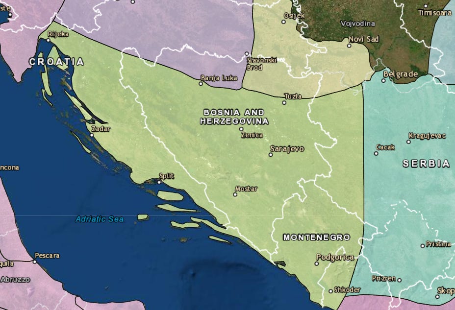 A map of roman Dalmatia overlaid onto a modern satellite map. The region displayed is the eastern Adriatic coastline and hinterland, with the province covering parts of Croatia, Bosnia and Herzegovina, Montenegro, Serbia and Albania