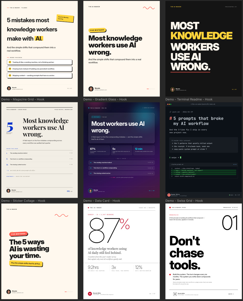 Paper Design screenshot showing editable carousel templates for AI content creation, including newsletter-to-LinkedIn carousel layouts