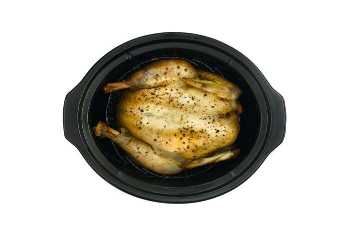 Pollo relleno de pan y peras. Receta para crock pot o slow cooker