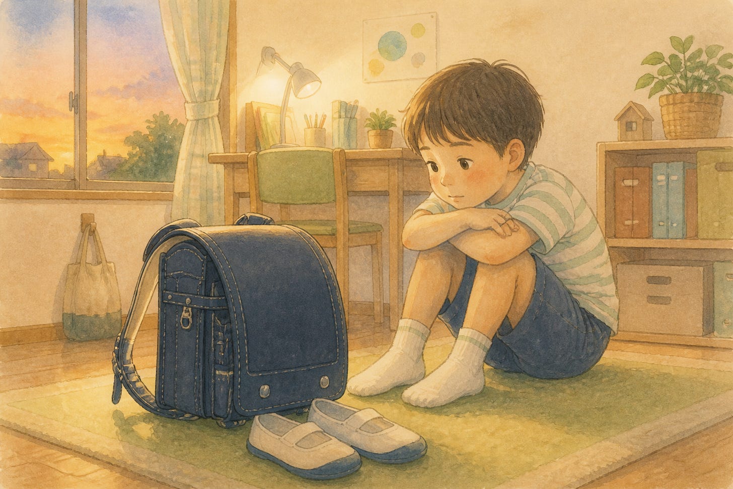学校が始まる前の夕方、ランドセルを見つめる子ども 学校が始まる前の夕方、ランドセルを見つめる子ども