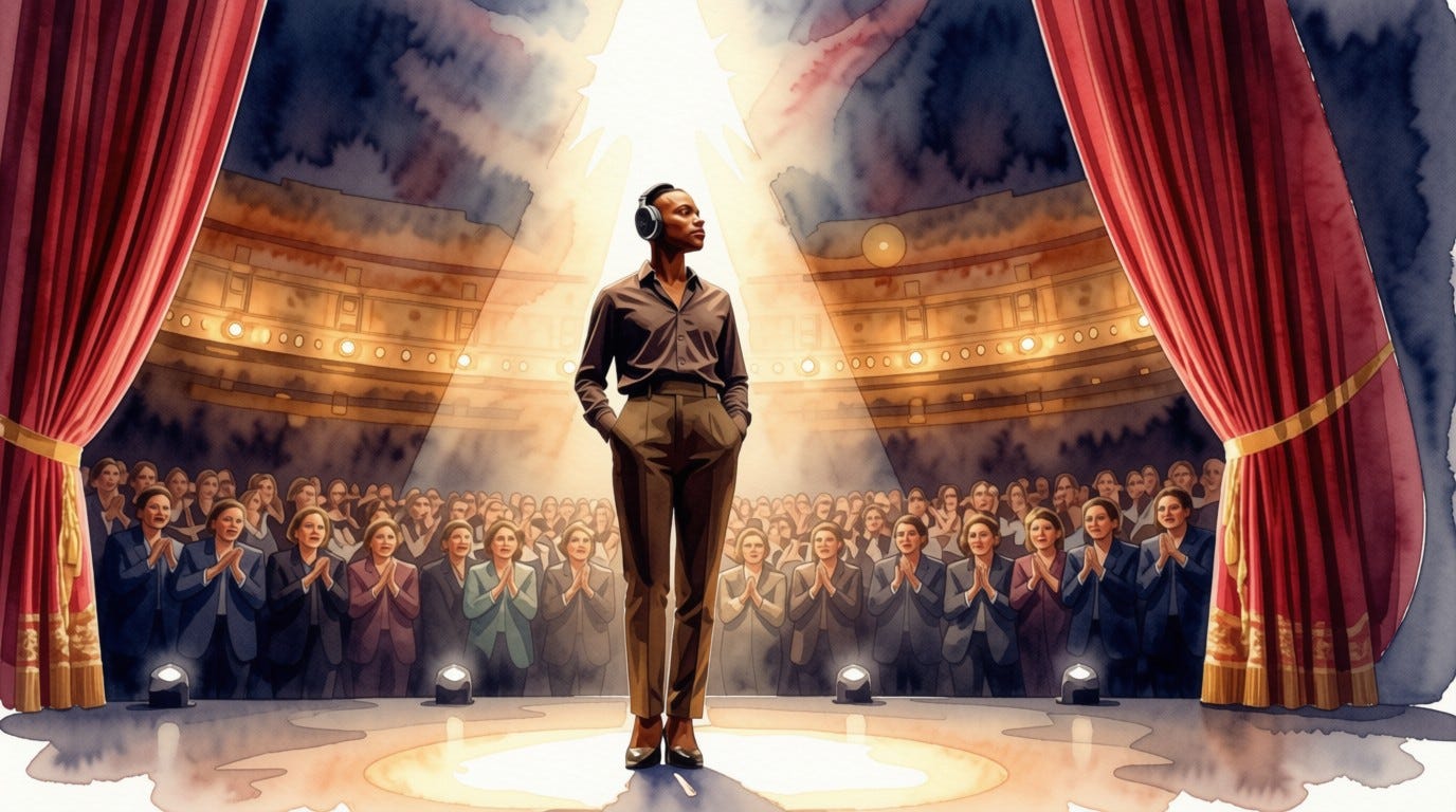 A Black man wearing noise-canceling headphones stands confidently on a theater stage under a spotlight, with red curtains framing the scene and a large, applauding audience in the background.