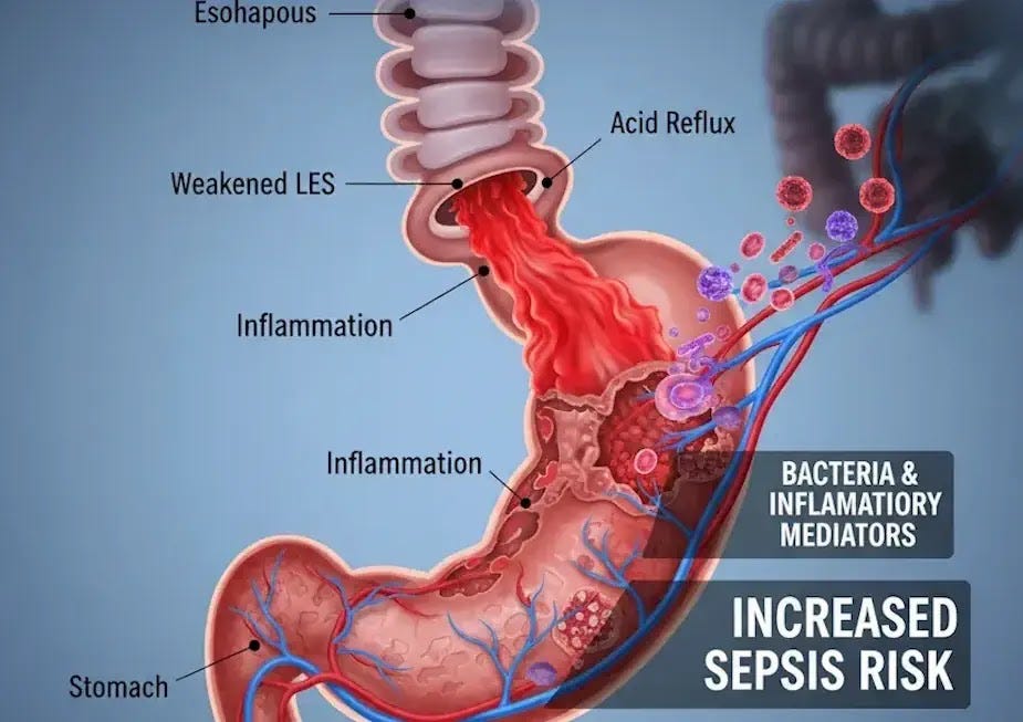 An AI depiction of GERD shows how acid reflux can cause inflammation and increase the risk of sepsis