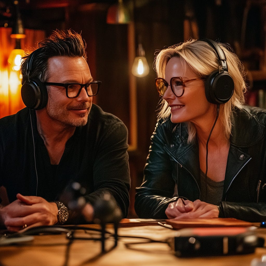 Mark and Samantha, the hosts of The Liat Show Podcast, reimagined by MidJourney, wearing headphones and glasses, smiling and engaging warmly with each other in a cozy, softly lit studio setting.