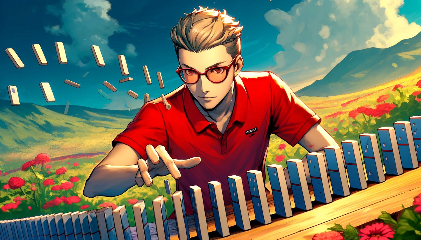 Create a dynamic and exaggerated 3:2 anime art in 'Persona 5' style, featuring a male programmer engineer with styled short blonde hair and red-framed glasses. He is wearing a plain red polo t-shirt without any logo. He is setting up dominoes from left to right in a dramatic pose. The background includes a field of flowers with a mix of vibrant colors.