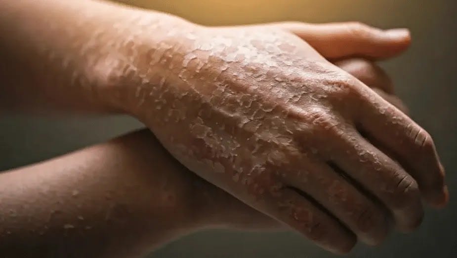 The image presents a close-up view of psoriasis-affected skin on a person's hand, highlighting the scaly patches. It effectively demonstrates the texture and visual characteristics of the condition, highlighting the typical scaling and inflammation associated with psoriasis.