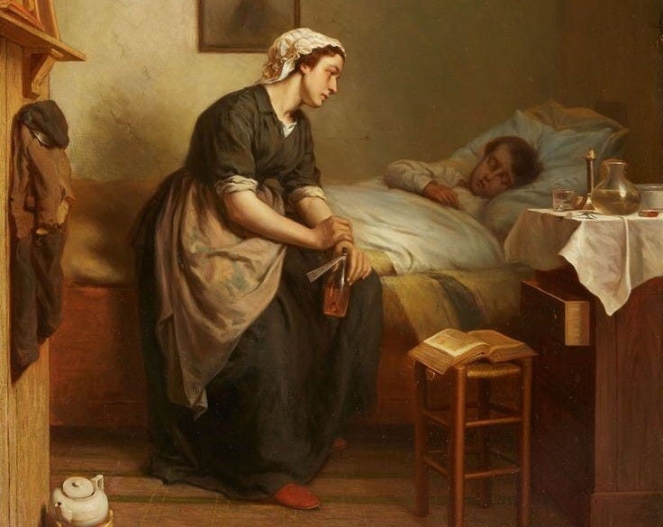 This may contain: a painting of a woman sitting on a bed next to a man in a room