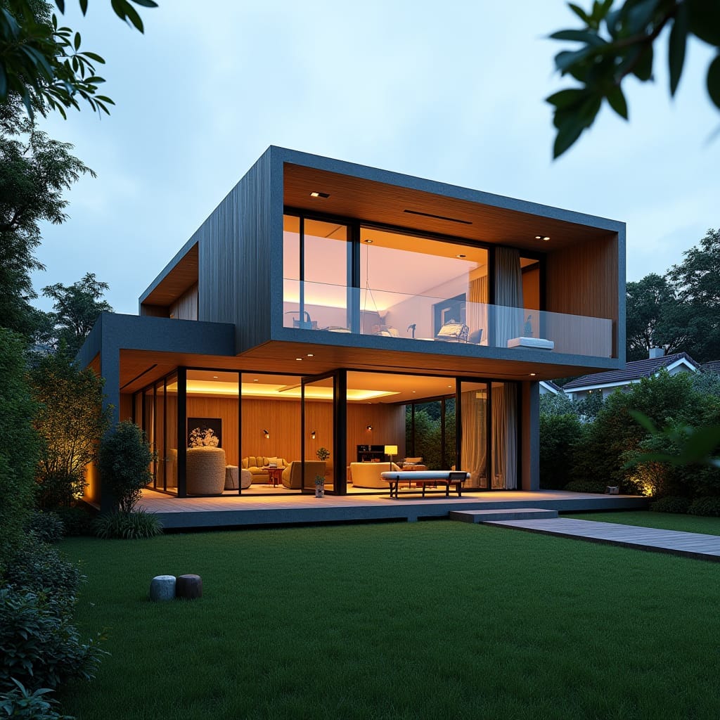 A modern Jamaican prefab home set in the city, showcasing sleek, minimalist architecture with clean lines and efficient design. The home features large windows, allowing natural light to flood the interior, and a stylish exterior with a combination of wood, glass, and concrete. The compact yet functional layout includes an open-plan living area, surrounded by lush, well-manicured greenery despite the urban setting. The home is designed for sustainability and urban convenience, standing out as a contemporary oasis amidst the bustling cityscape. Modern living, eco-friendly design, urban elegance.